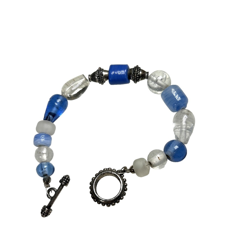 Art Glass Beaded Bracelet Blue White Silvertone Bracelet 7‎ inches
